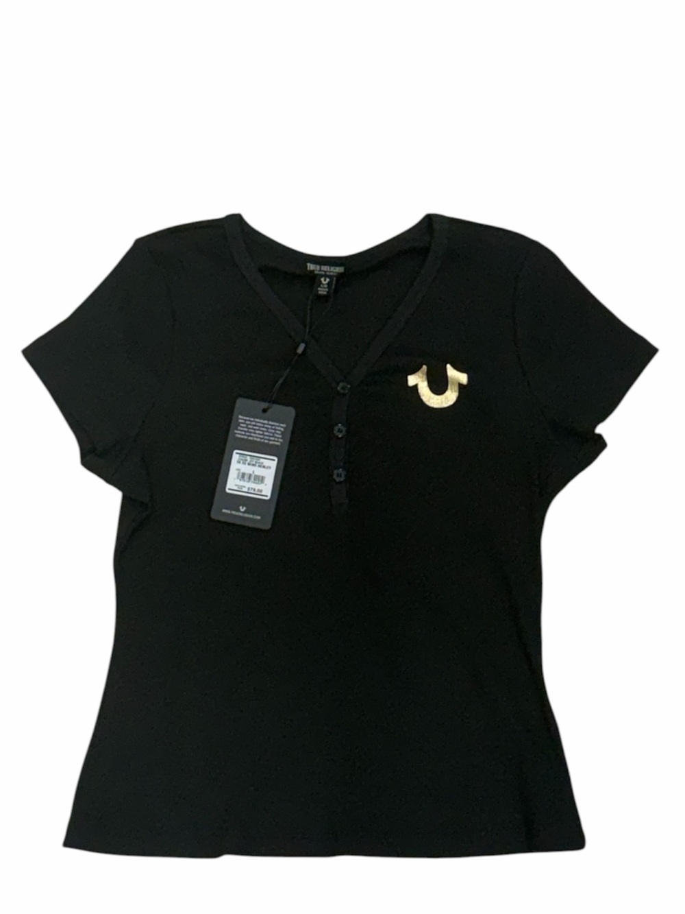 True Religion Black Short Sleeve Henley Tee with Gold Horseshoe Logo